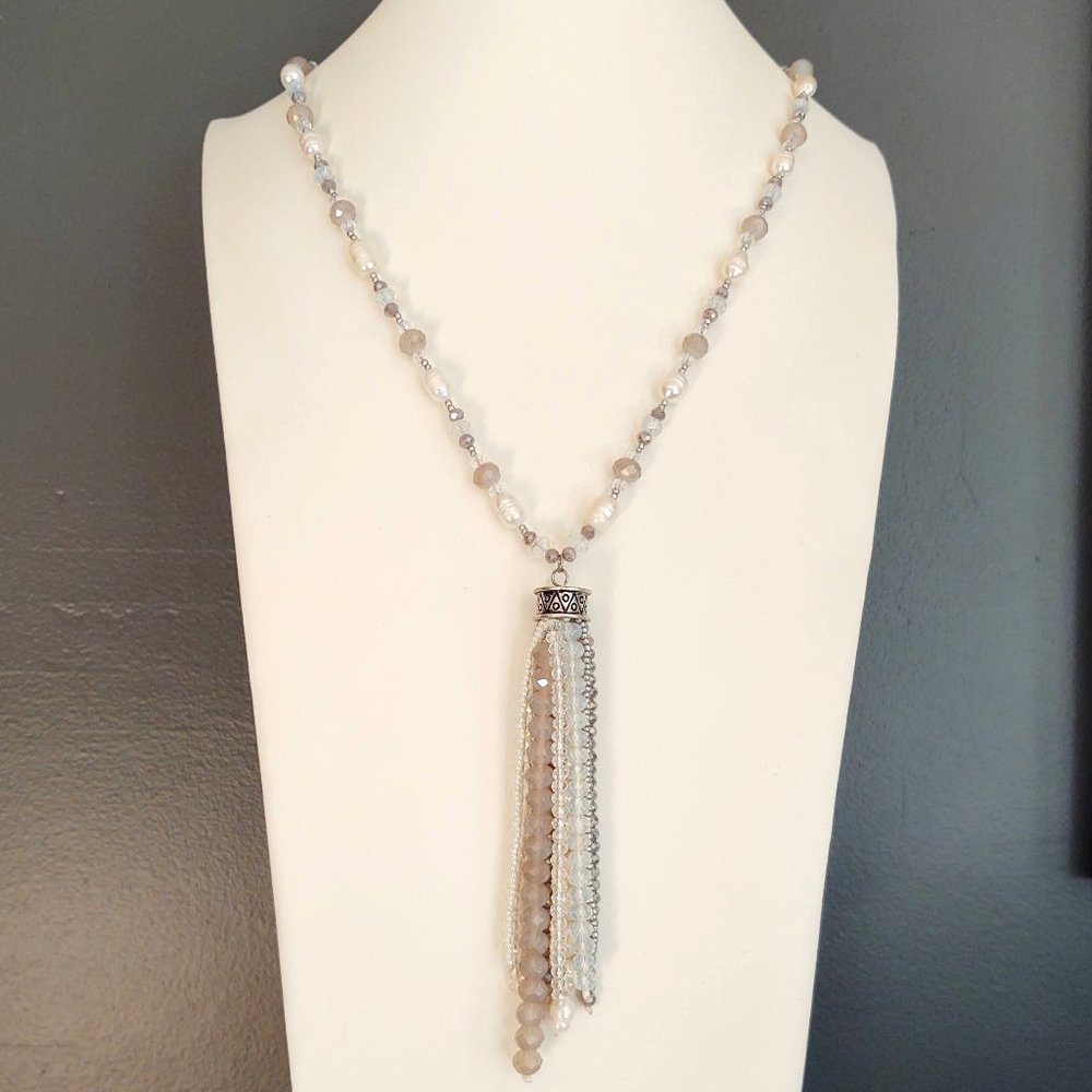 Crystal and baroque pearl tassel necklace